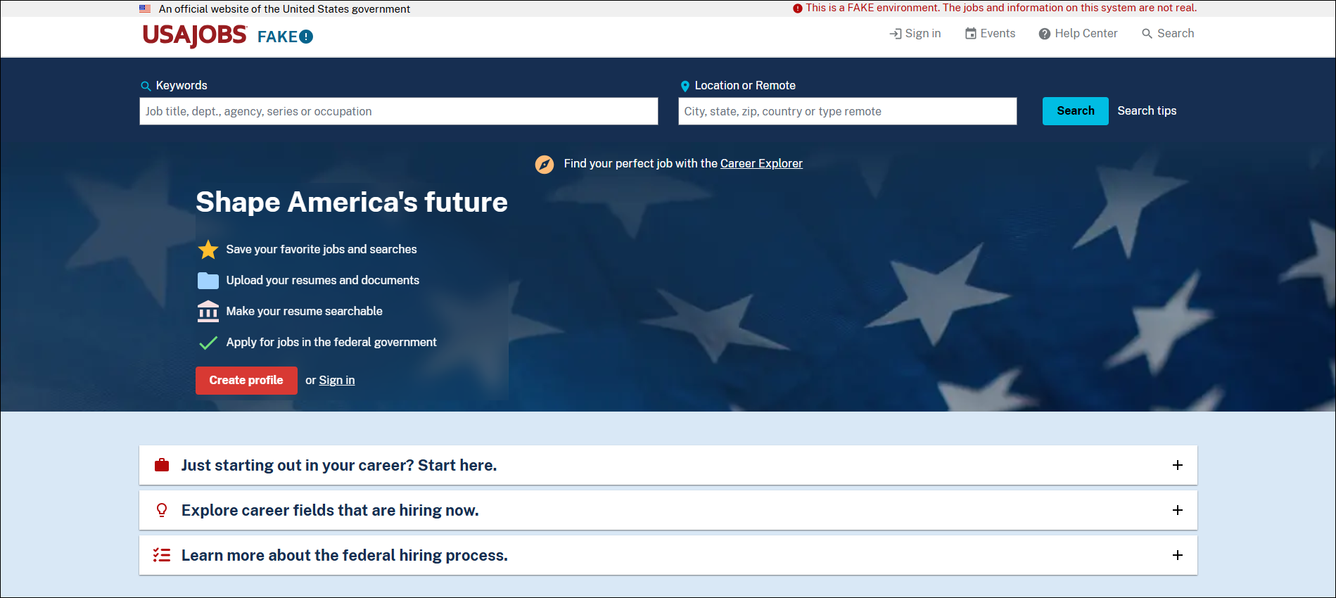 USAJOBS test environment page.