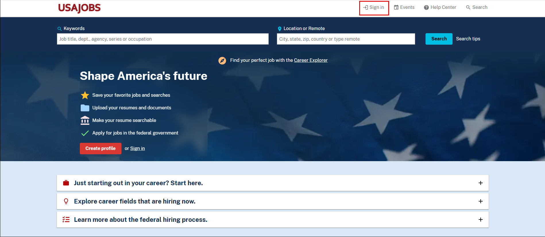 USAJOBS page with Sign In button highlighted.