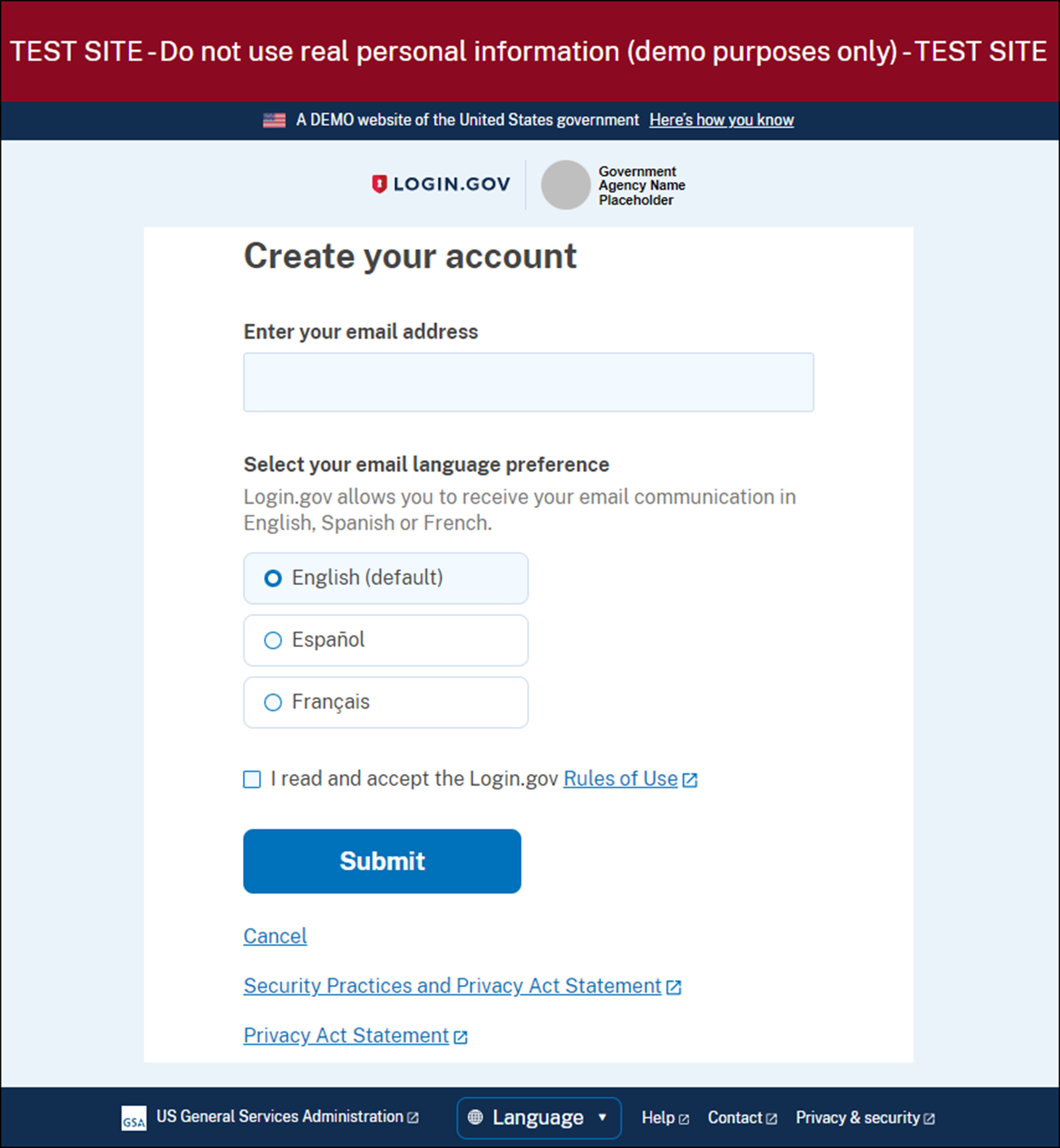 Login.gov Start Creating an account page.