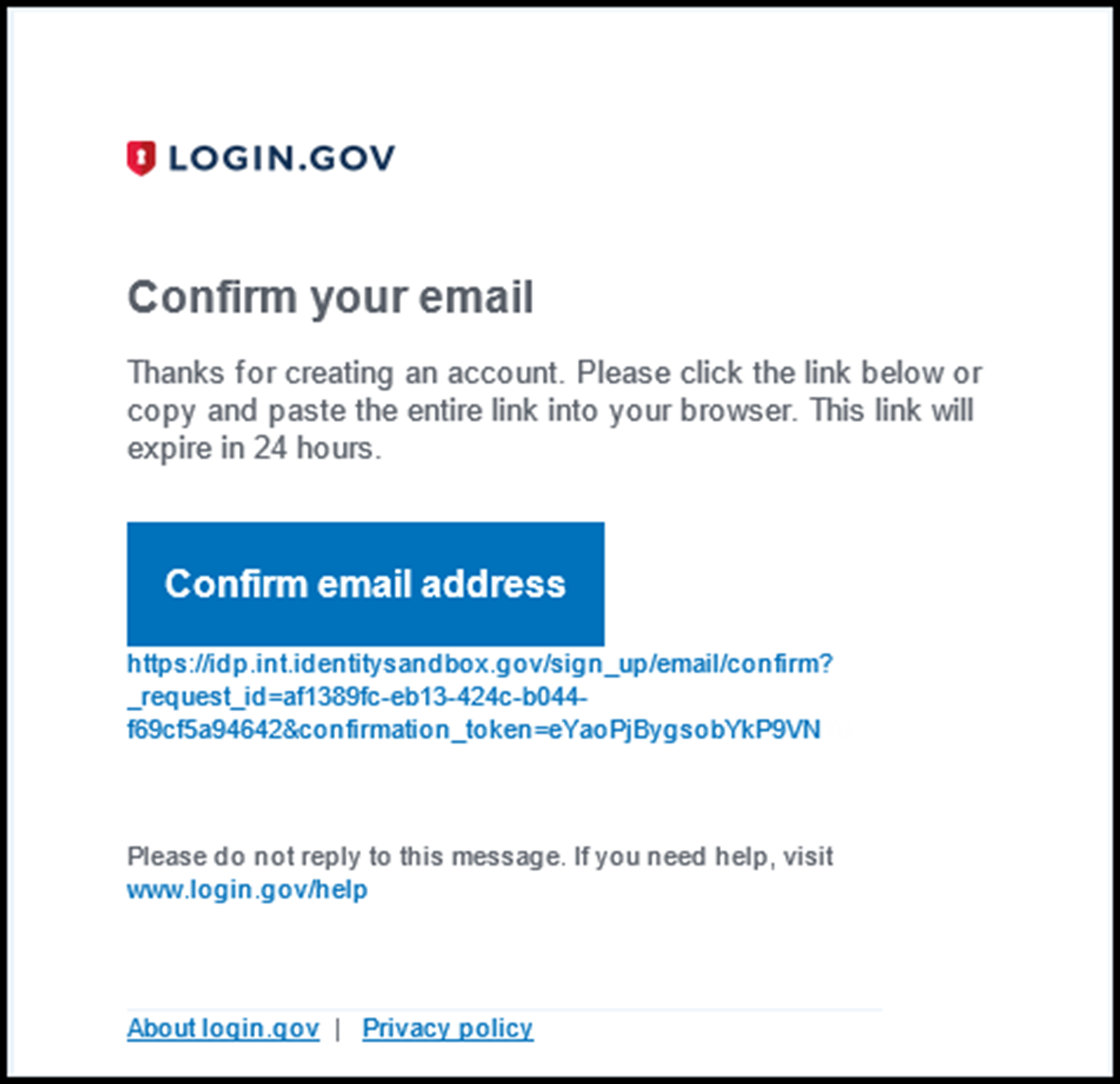 Sample login confirmation page from e-mail.