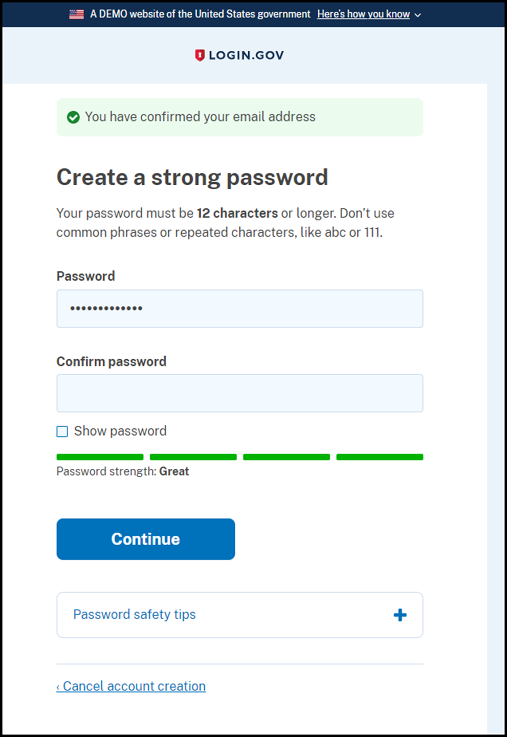 Create password page of Login.gov.