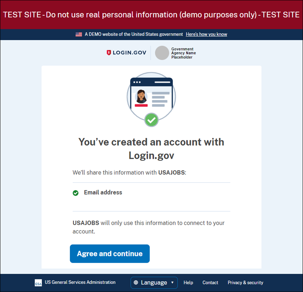 Account creation success page of Login.gov.