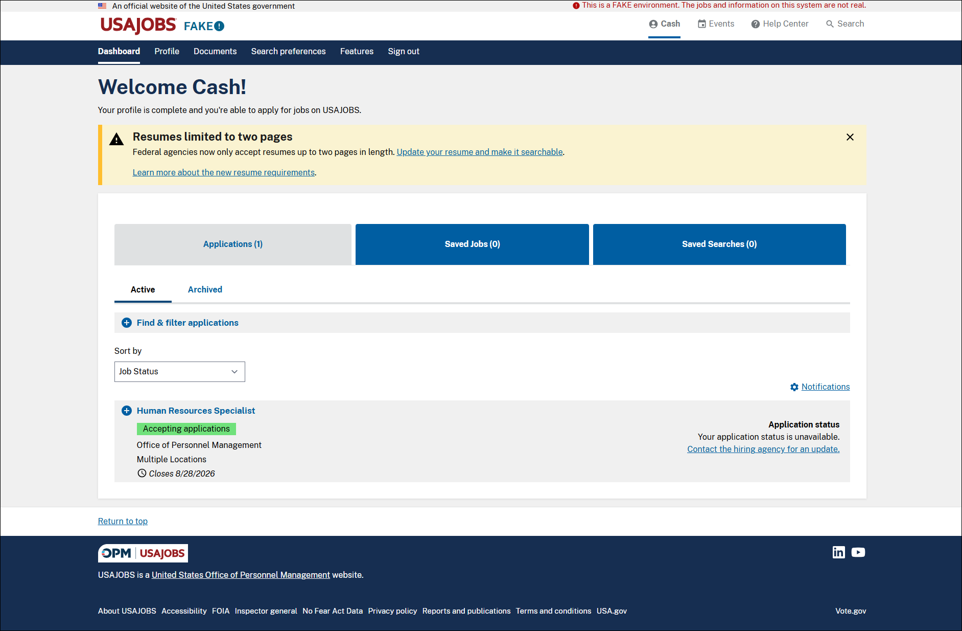 USAJOBS main profile page for an incomplete applicant.