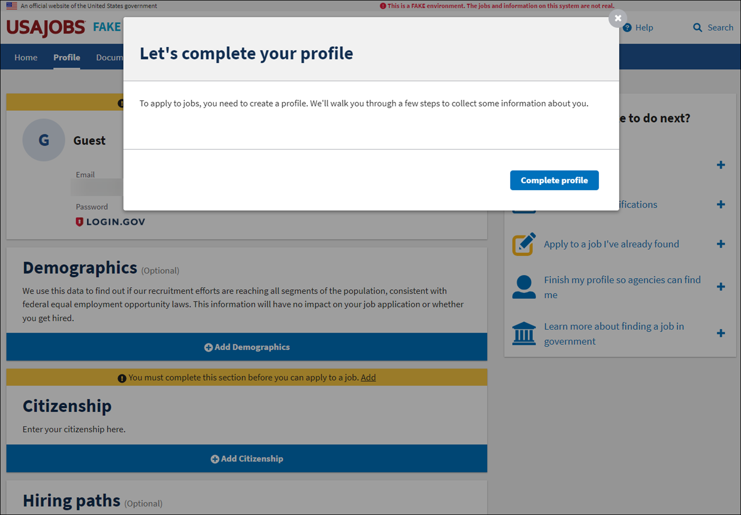 USAJOBS main page. This page allows applicants to complete their profile.