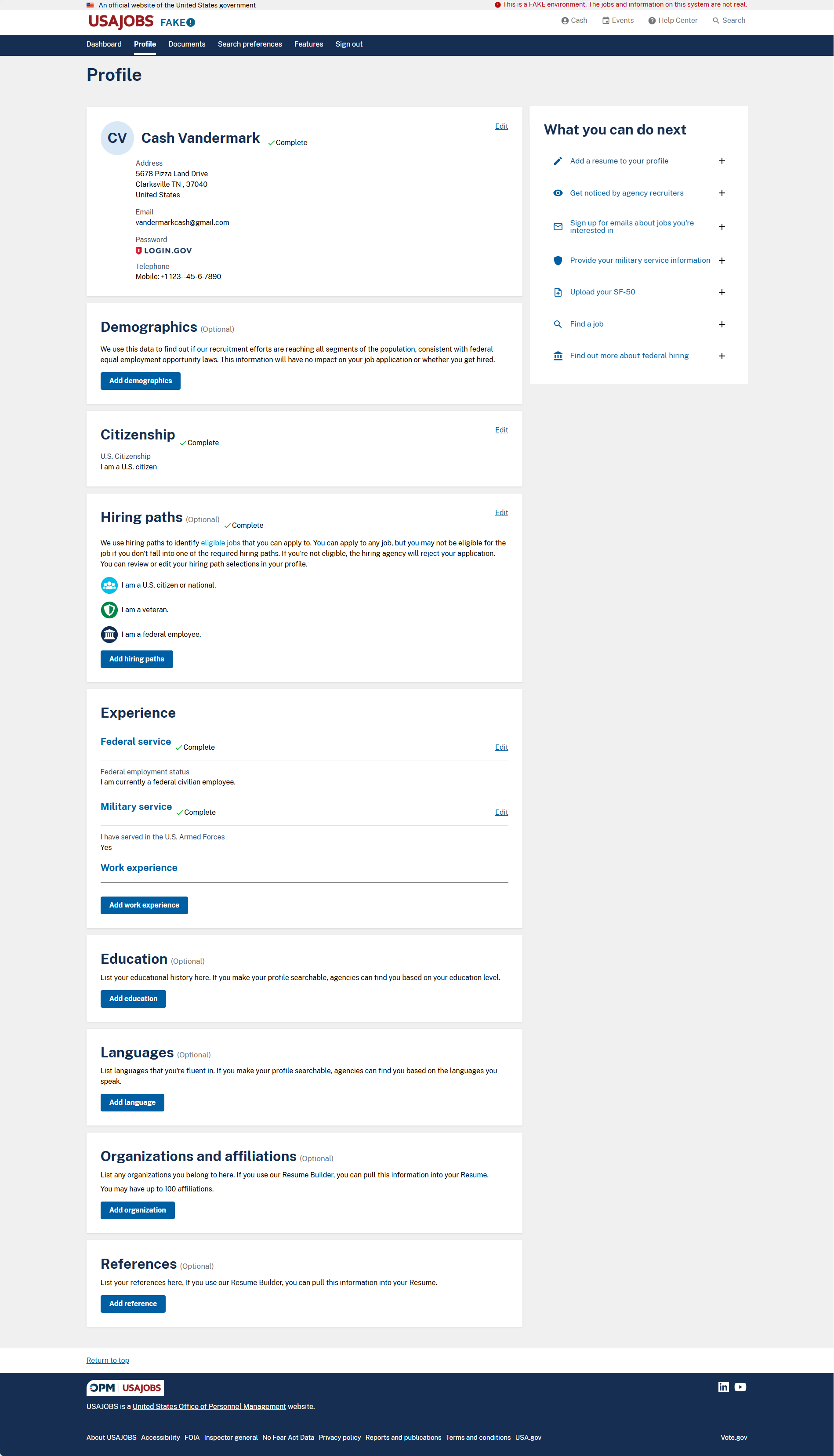 Applicant profile page.