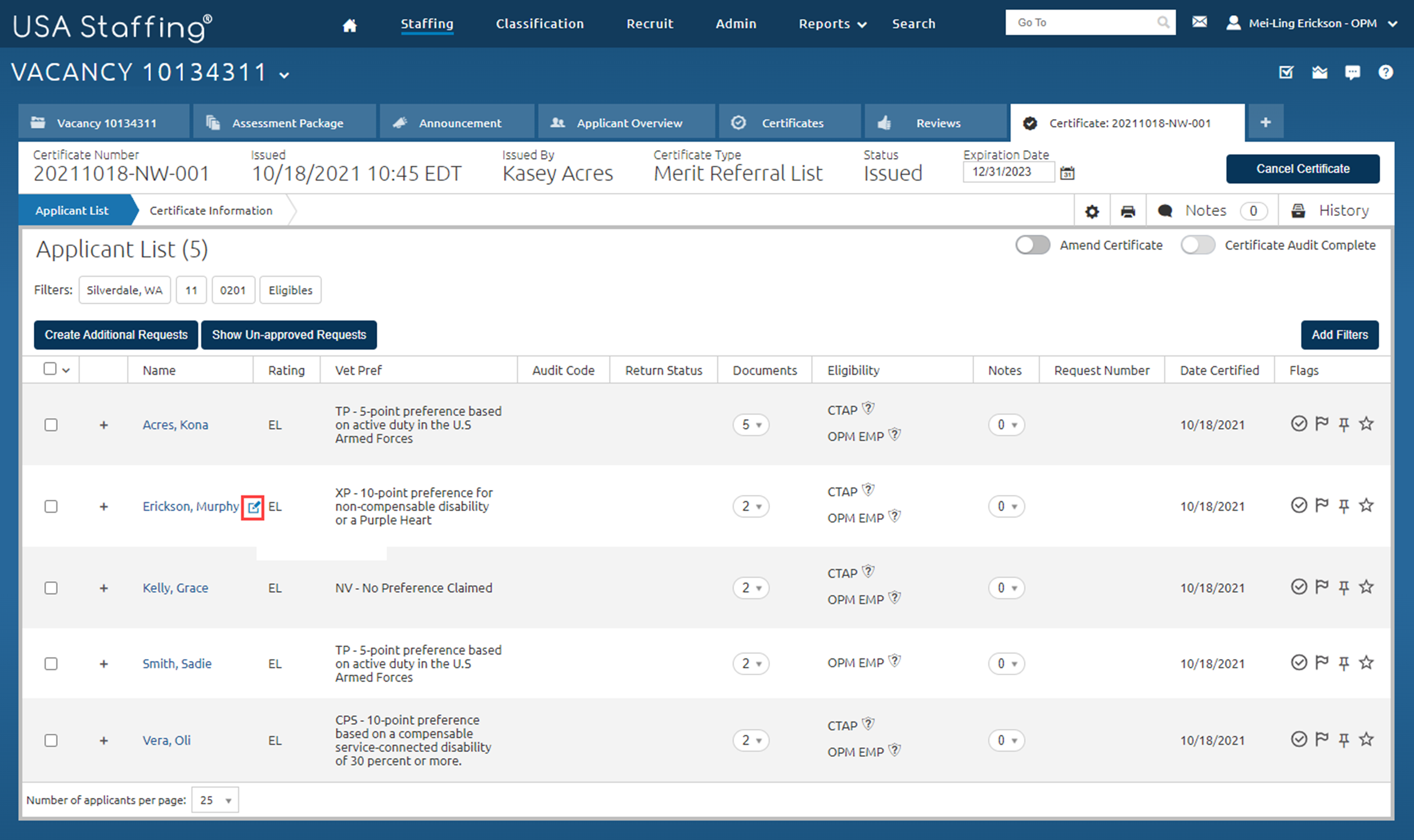 Certificate page with the Applicant List displaying and edit icon highlight next to an applicant name.