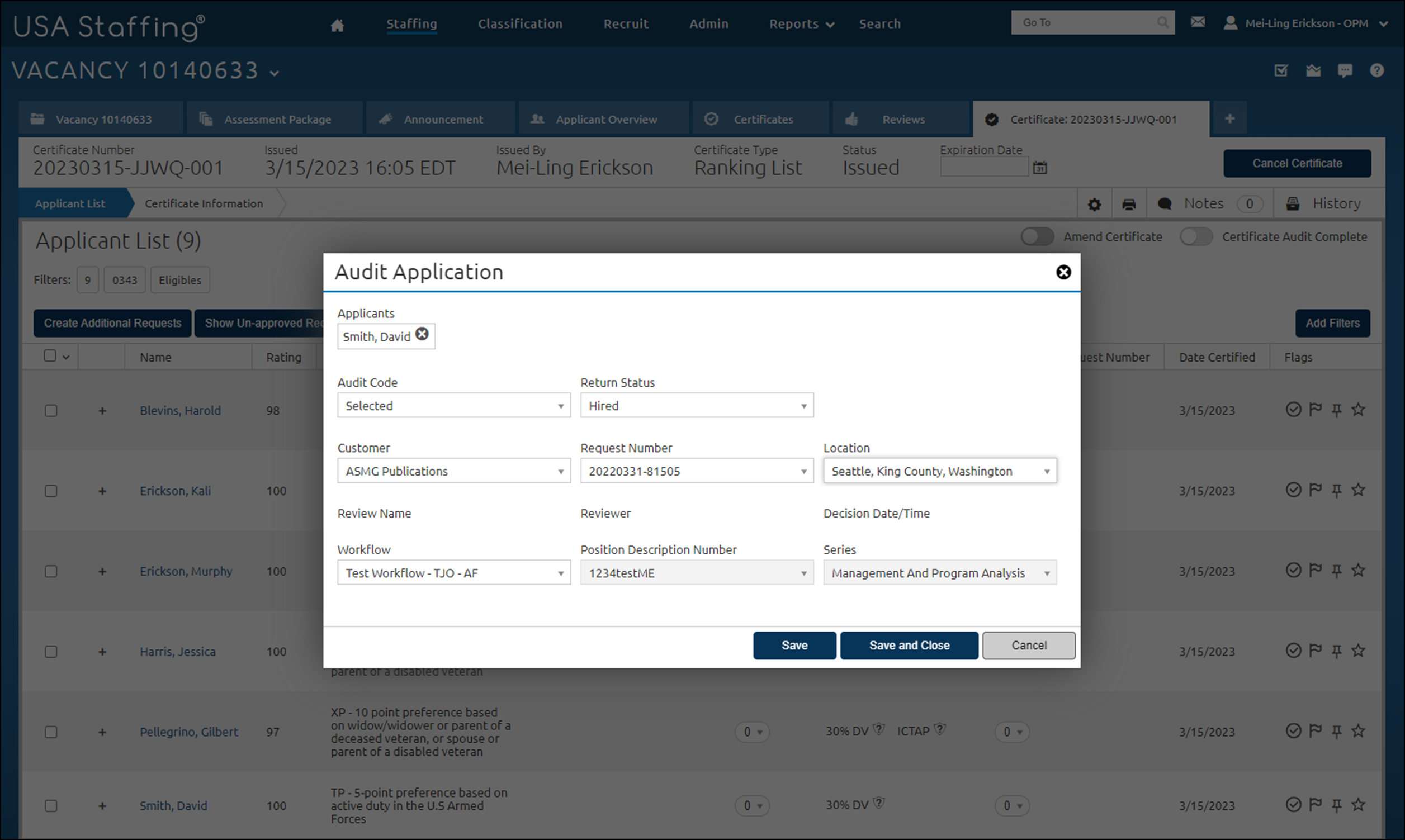 Applicant List page with the Audit Application pop-up open.