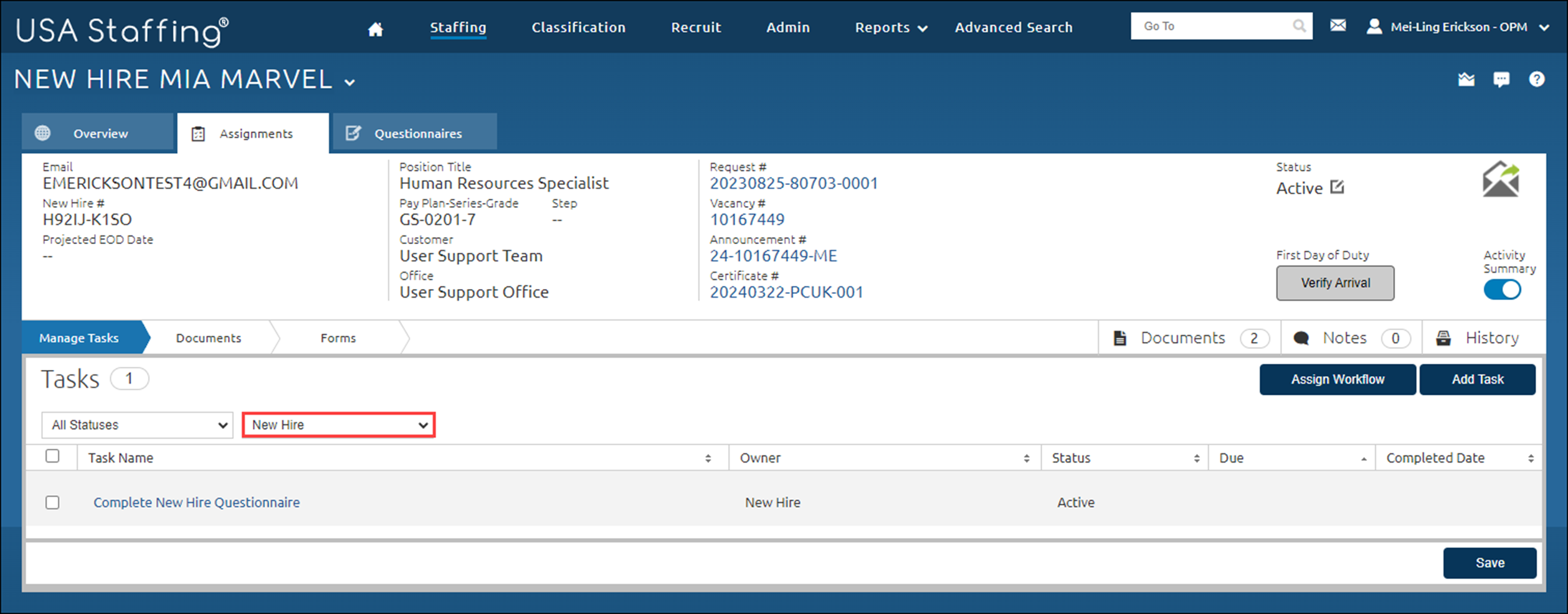 A new hire’s record under the Assignments tab with the Manage Tasks page filtered by the New Hire tasks and the New Hire pulldown menu highlighted.