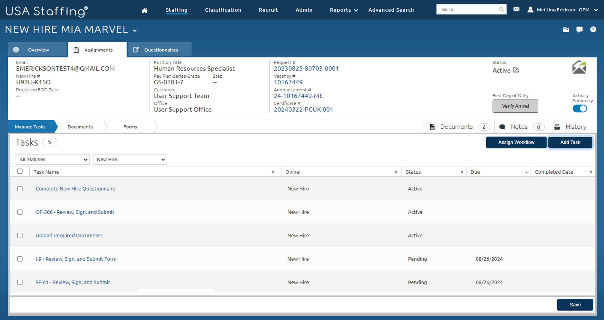 A new hire’s record is on the Manage Tasks page displaying the tasks assigned from the workflow.
