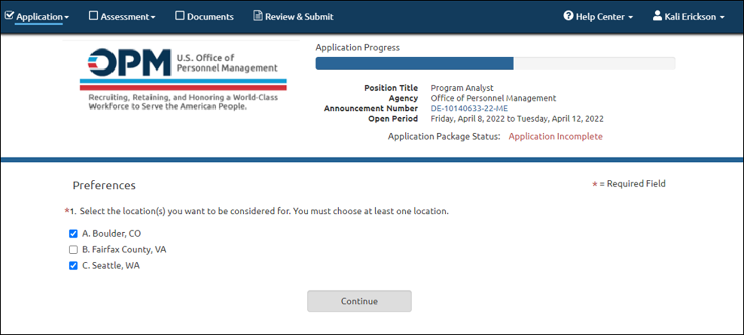 Preferences page. This job has one preference, location.