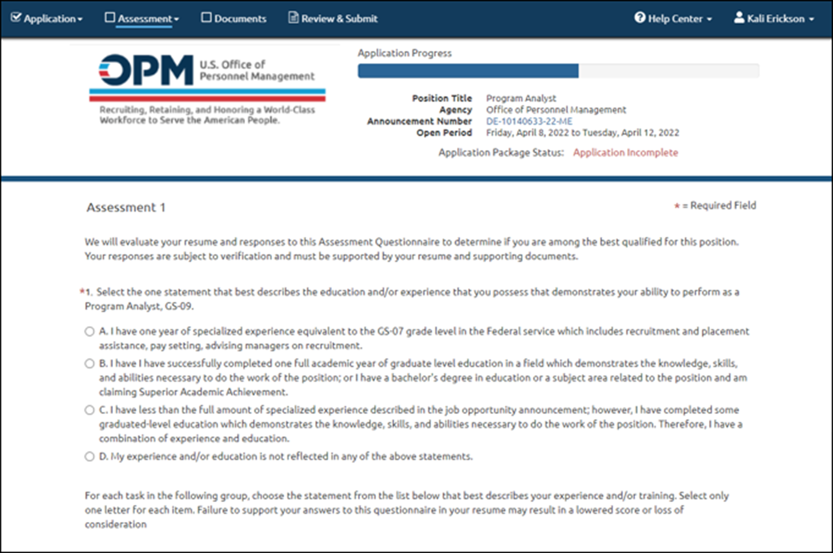 Assessment page.