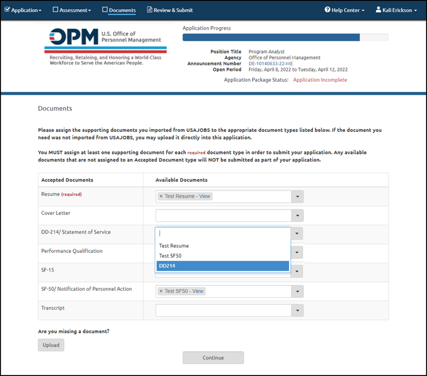 Documents page with newly uploaded document appearing in the drop-down list.