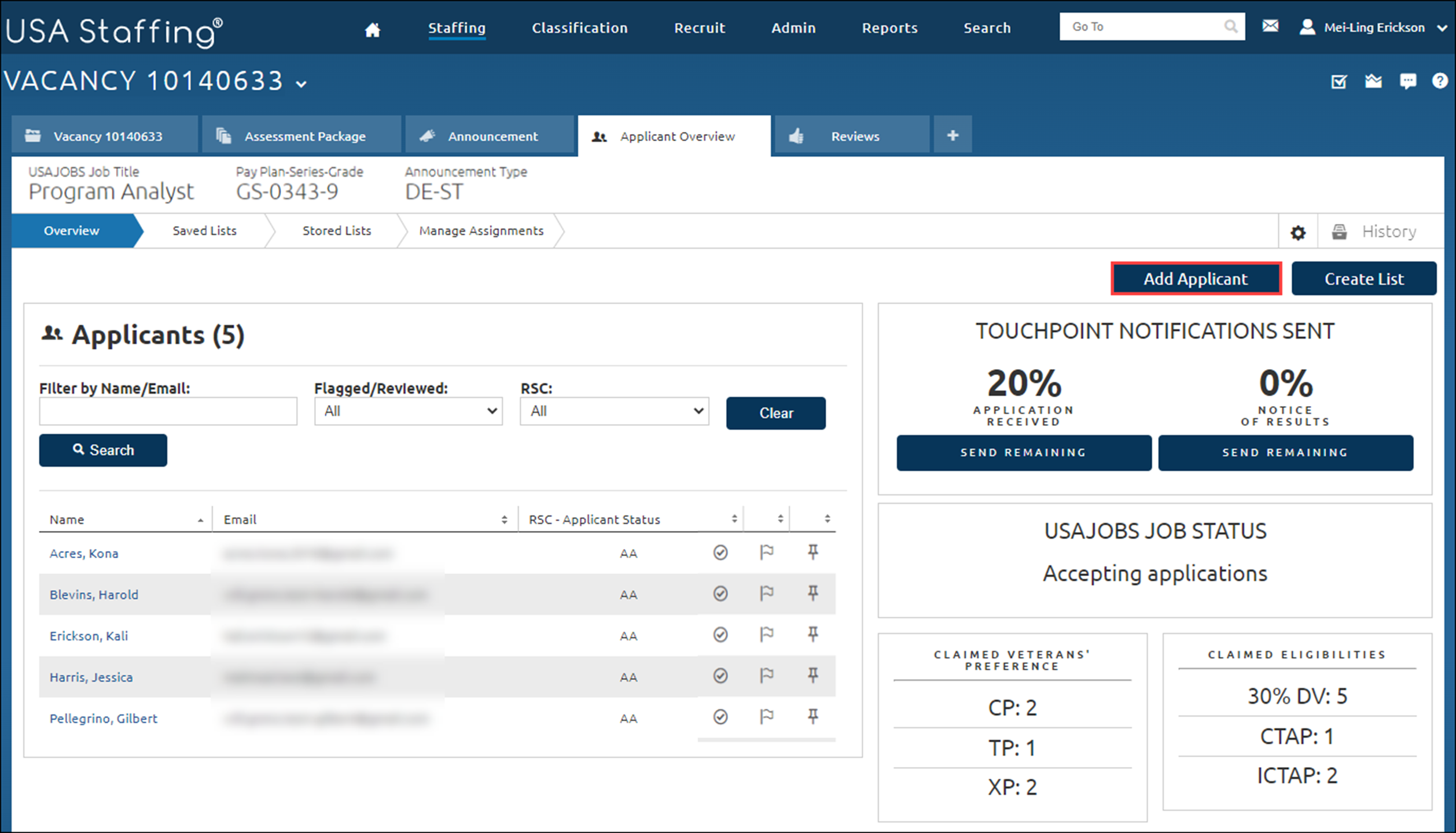 Applicant Overview page. The Add Applicant button is highlighted and located in the upper-right quadrant of the page.
