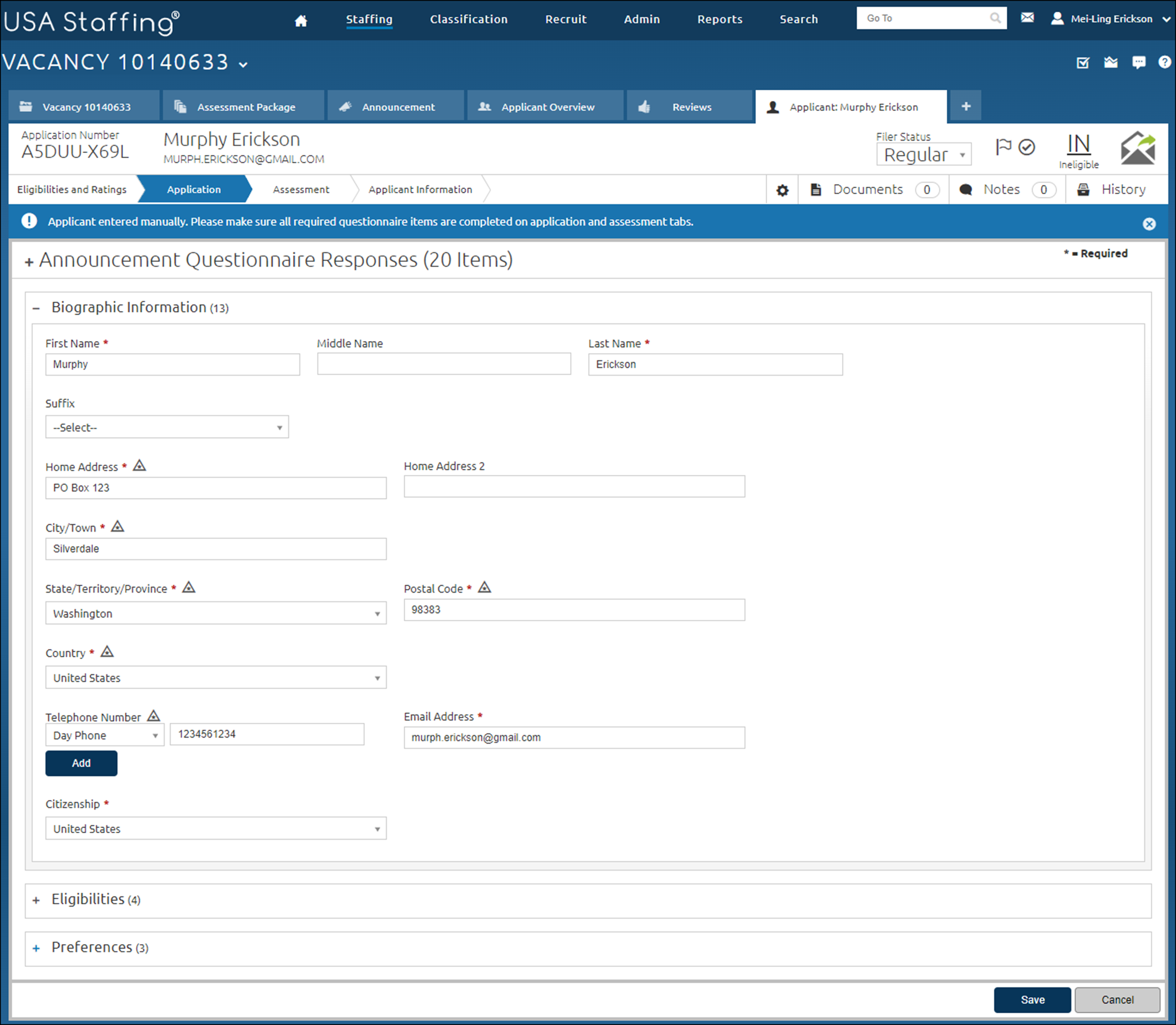 A newly created applicant record. The image shows the Biographic Information section, depending on your application you may be required to complete other Items on this page.