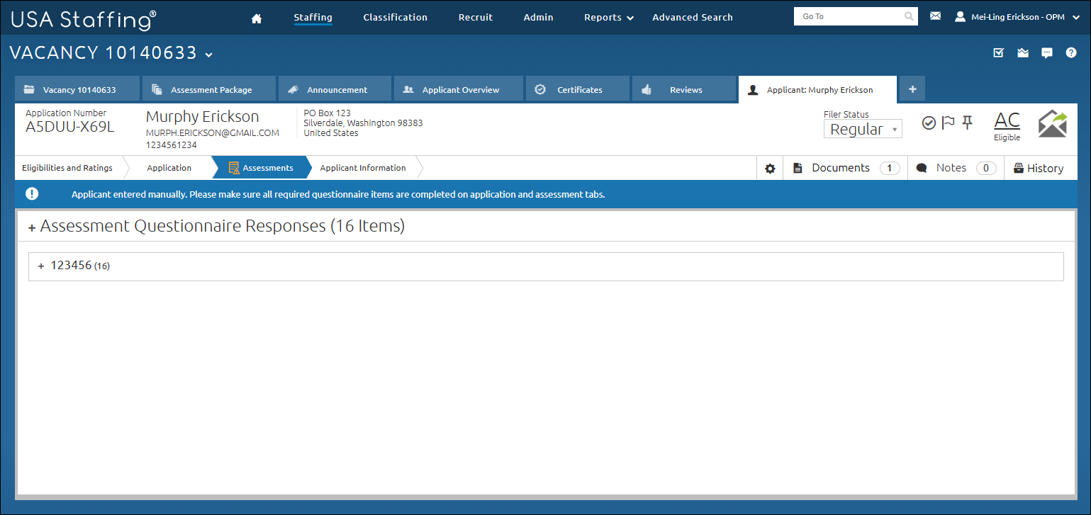 Assessment page of the applicant record.