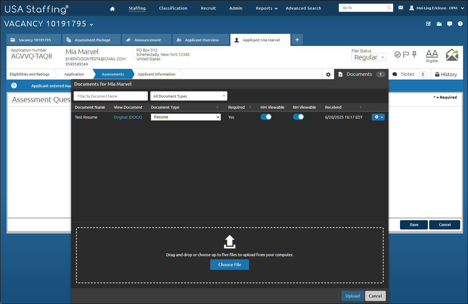 Assessment page of the applicant record with the Documents processing and column to check HM and NH Viewable.
