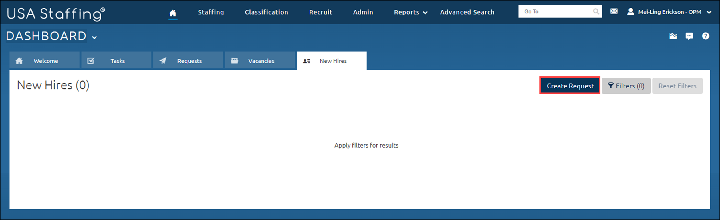New Hires Dashboard with the Create Request button highlighted.