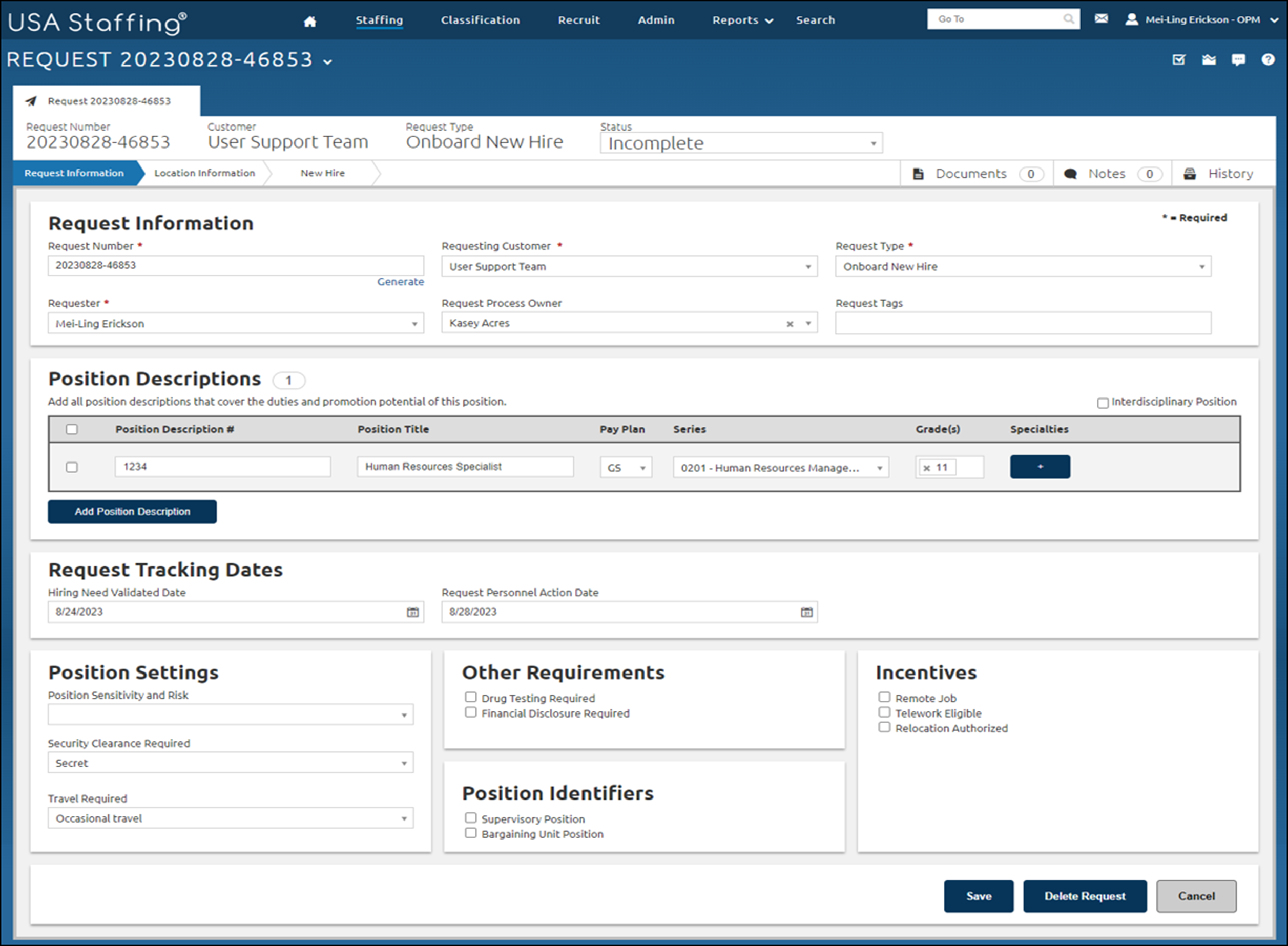 Request Information page completed as specified in the above steps.