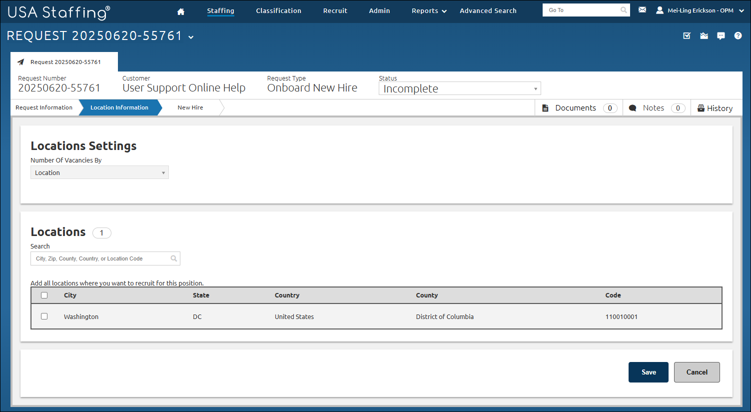 Request tab with the Location Information page highlighted.