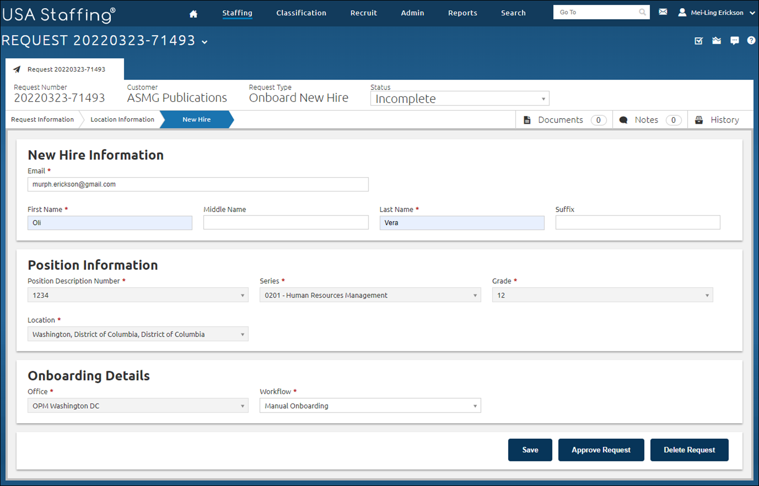 Request tab with the New Hire page highlighted.