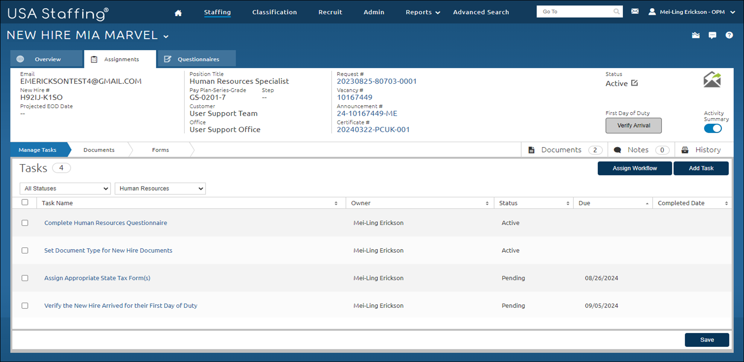 A new hire’s record is on the Assignments tab with the Manage Tasks page displaying.