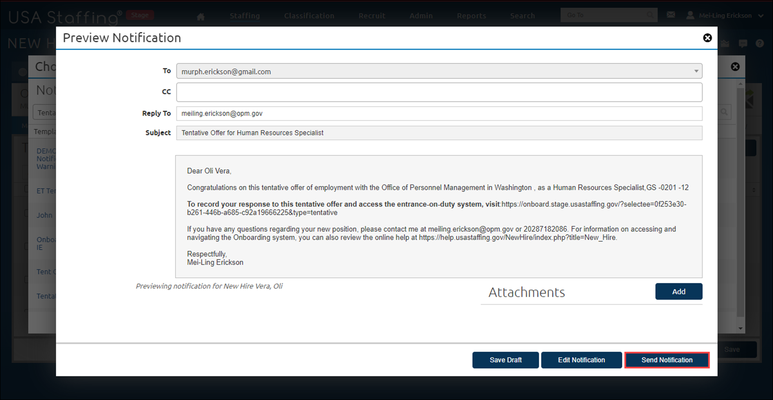 The Preview Notification page for the Tentative Offer E-mail highlighting the Send Notification button.