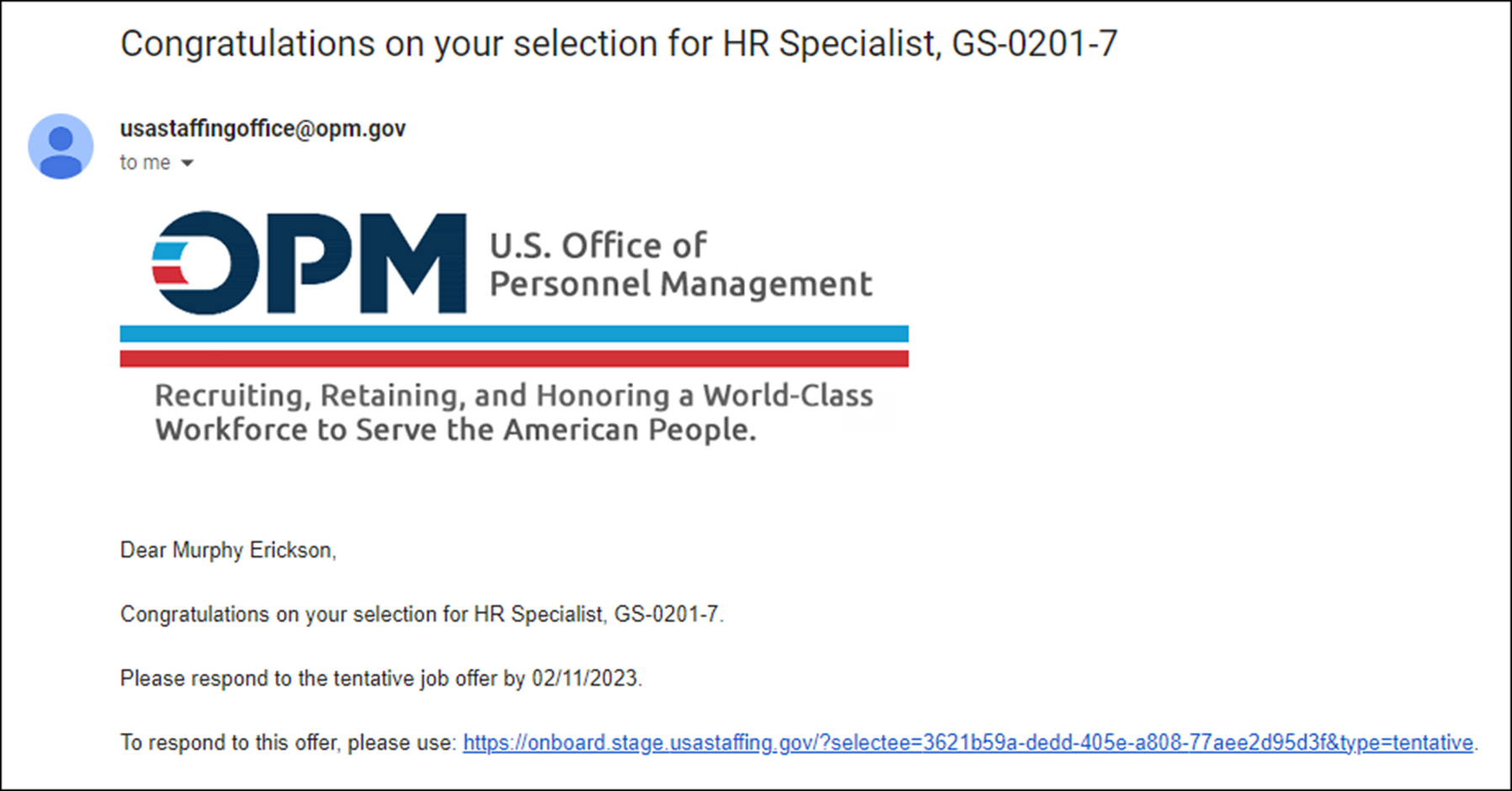 The Tentative Offer e-mail received by the new hire.