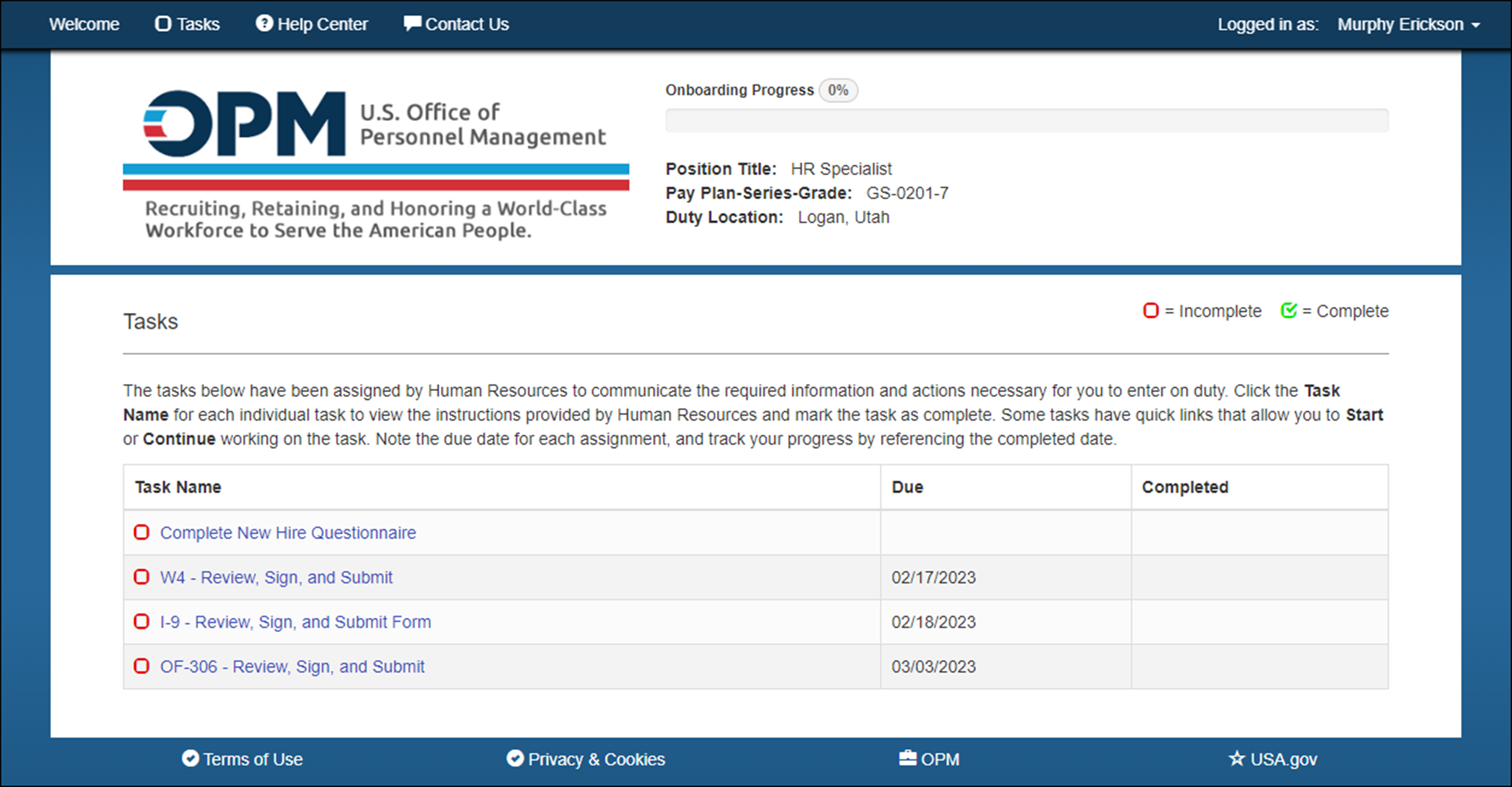 USA Staffing Onboard Tasks page.