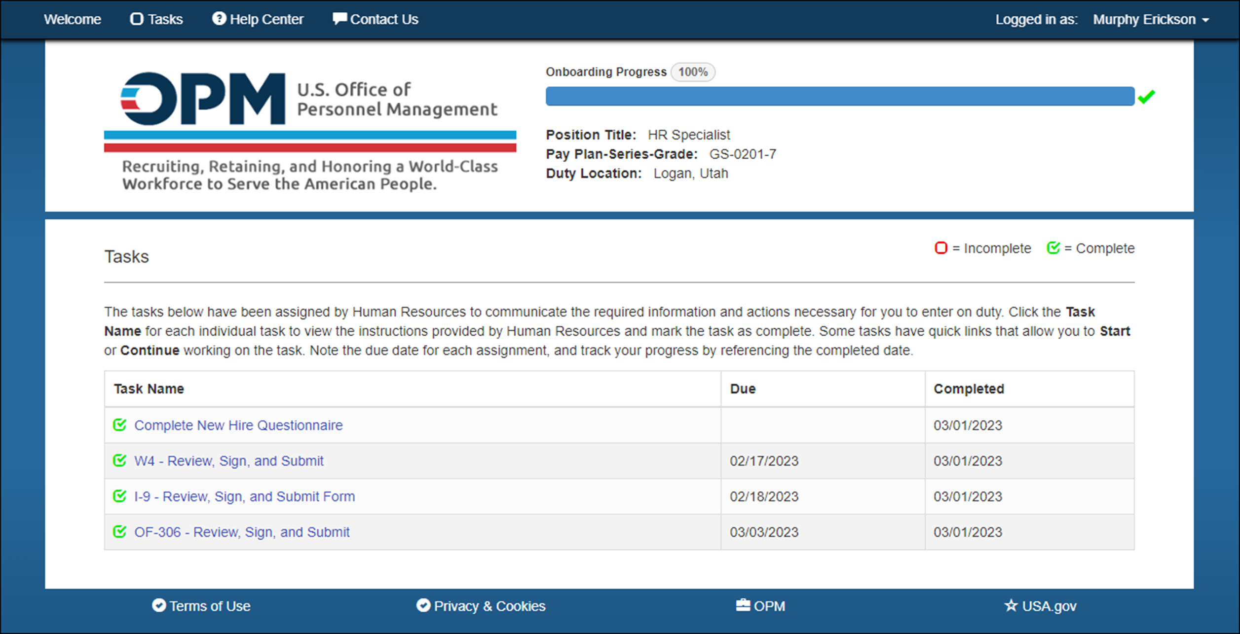 USA Staffing Onboard Tasks page displaying all tasks as Completed. If additional Forms or Tasks are assigned to the New Hire record, the status bar will update the progress and no longer show as Complete.