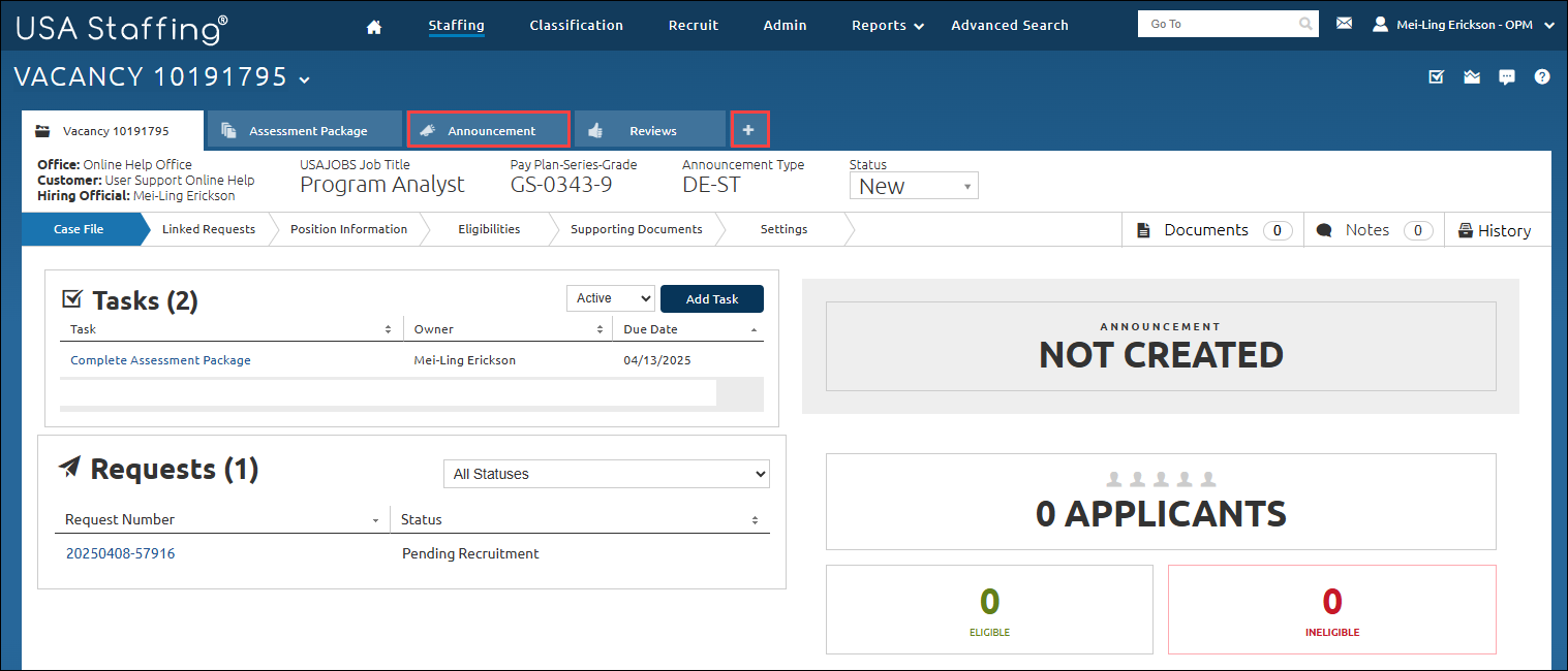 Vacancy Case File page with Announcement and + tabs highlighted. These tabs are located across the top of the page.