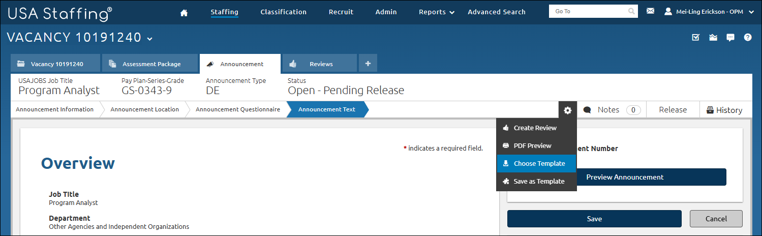Announcement Text page with the gear icon selected. The Choose Template option is displaying. 