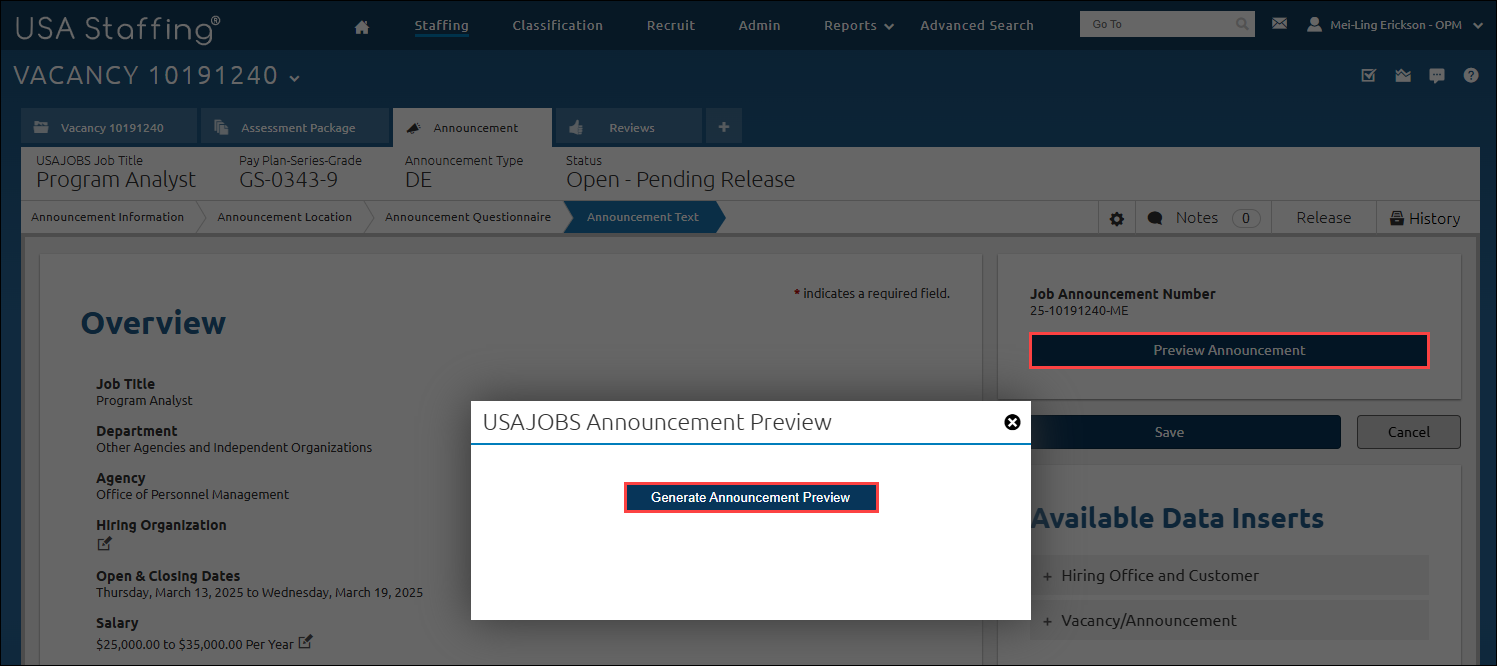 Announcement Text page with Preview Announcement and Generate Announcement Preview buttons highlighted.
