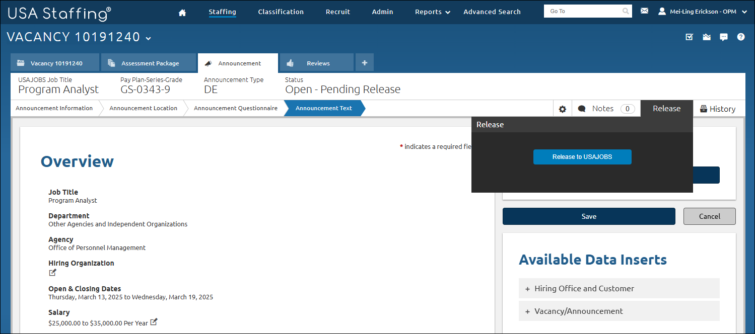 Announcement Text page with Release selected. Release appears in the upper-right quadrant of the page.