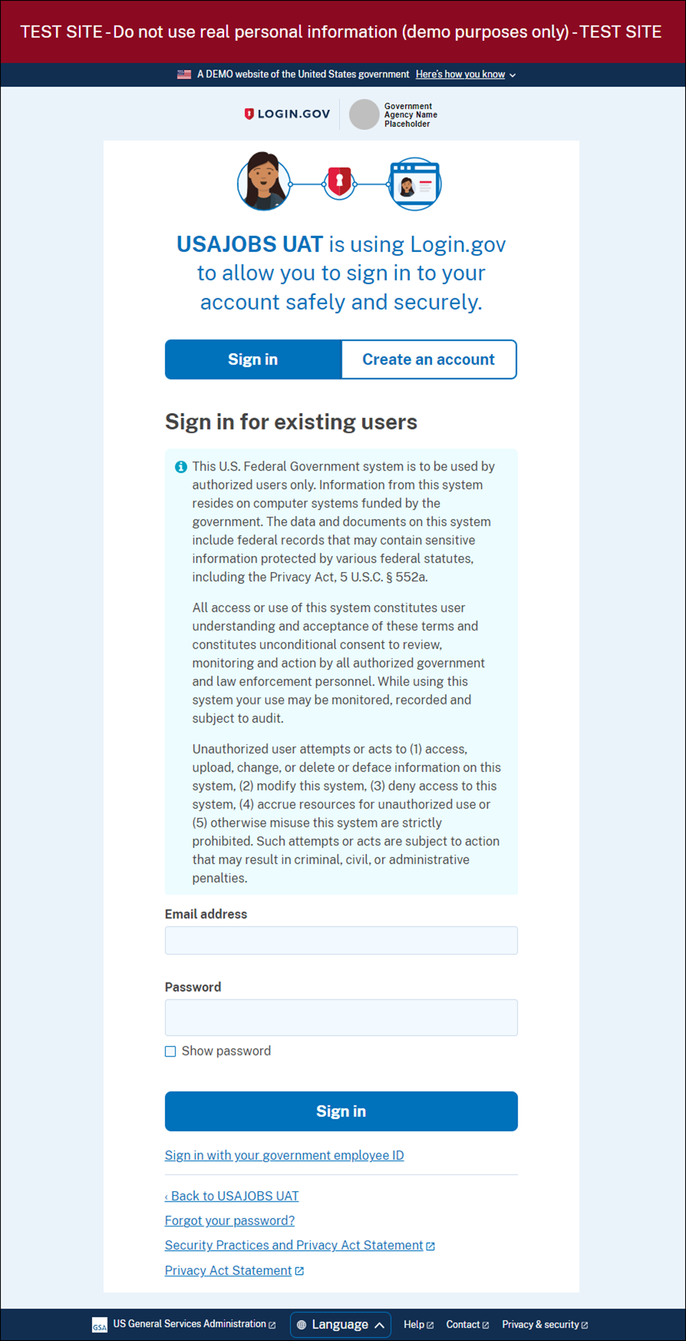 USAJOBS Login.gov account page.