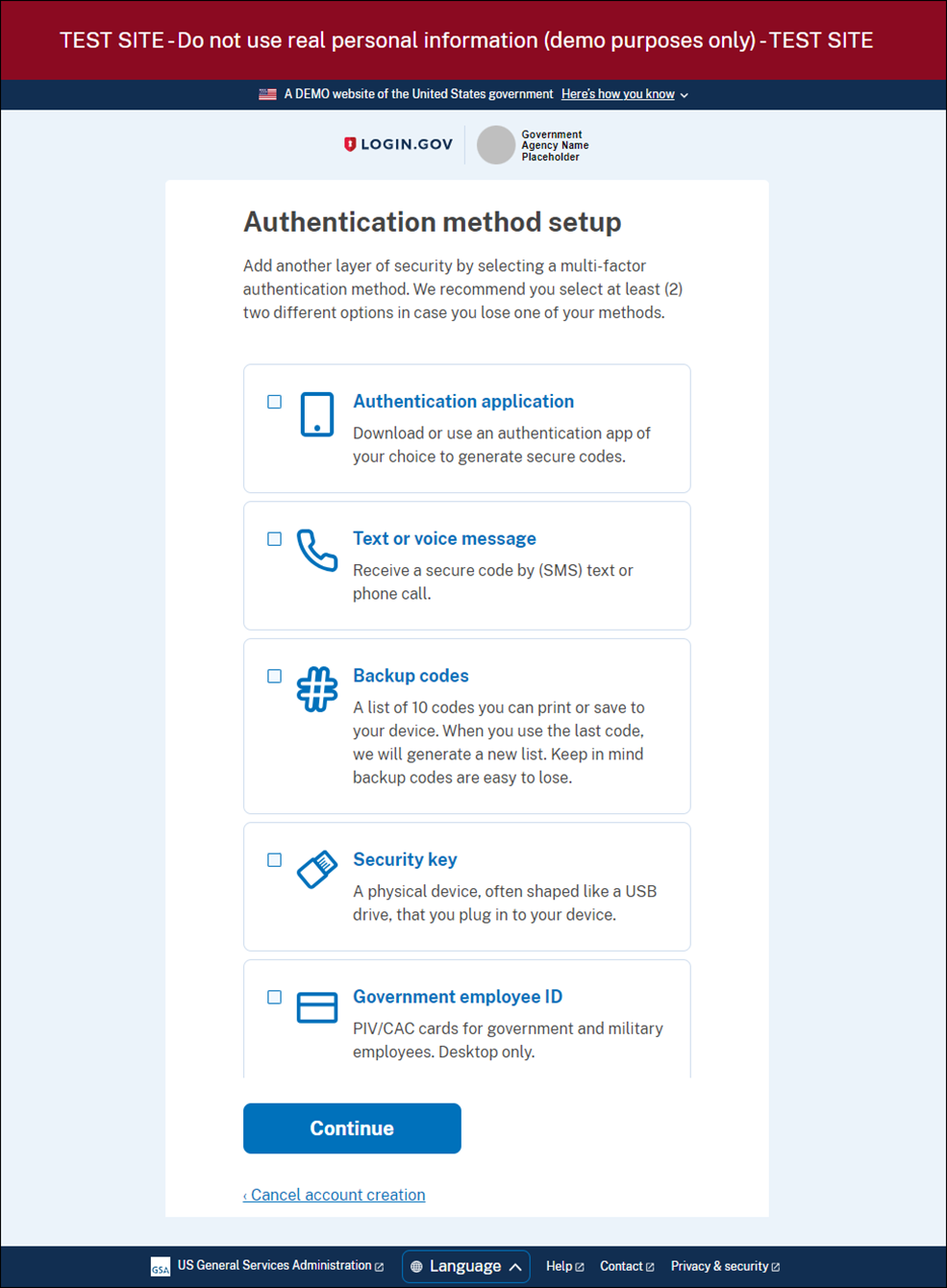 The Secure your account page of Login.gov.