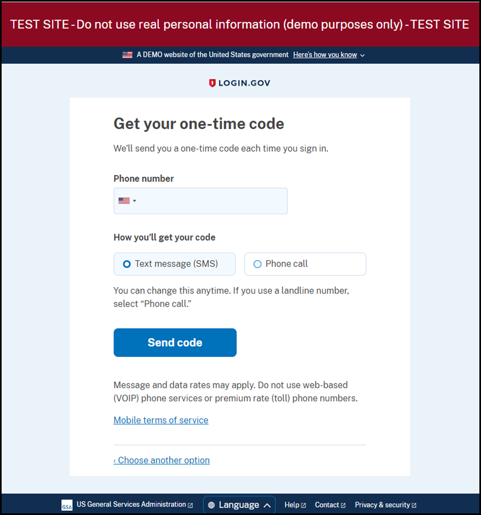 Enter your security code page of Login.gov.