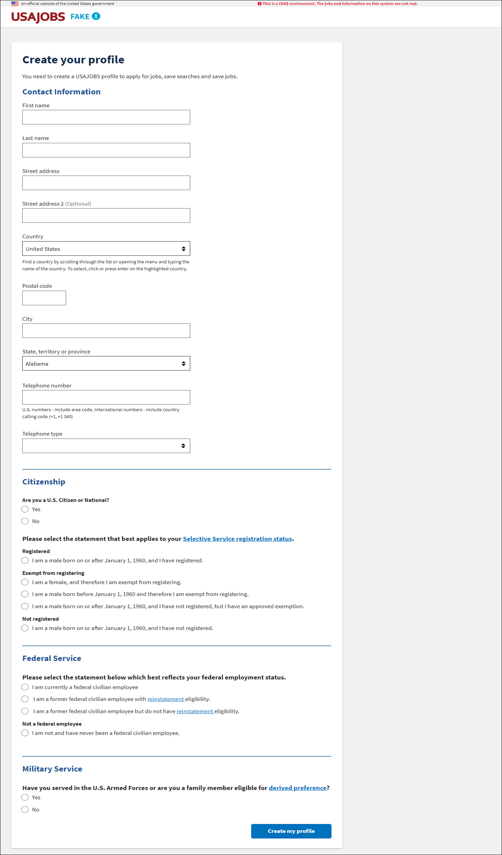 Contact information contains Name, Address, and Phone number fields. Citizenship section contains information about your citizenship and selective service registration.  Federal Experience reflects your federal employment status. Military Service captures if you served in an Armed Forces or are a family member eligible for preference.