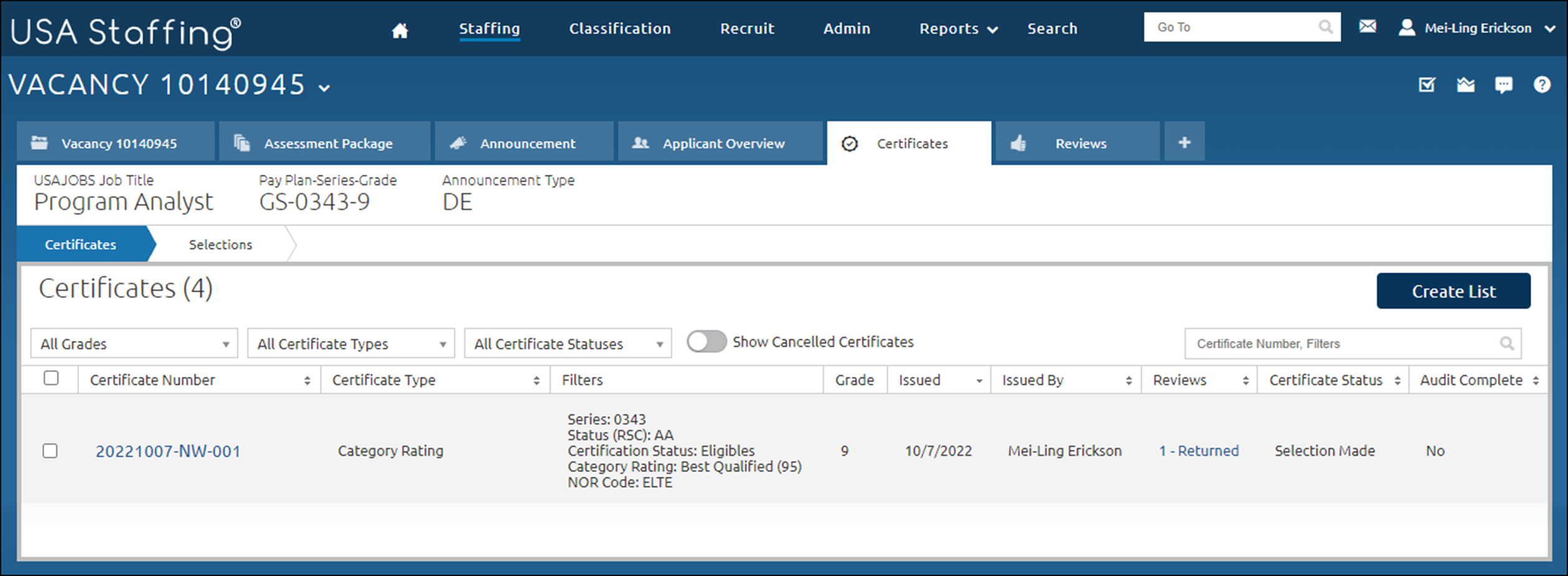 Certificates page with a certificate. To access the certificate, select the Certificate Number.