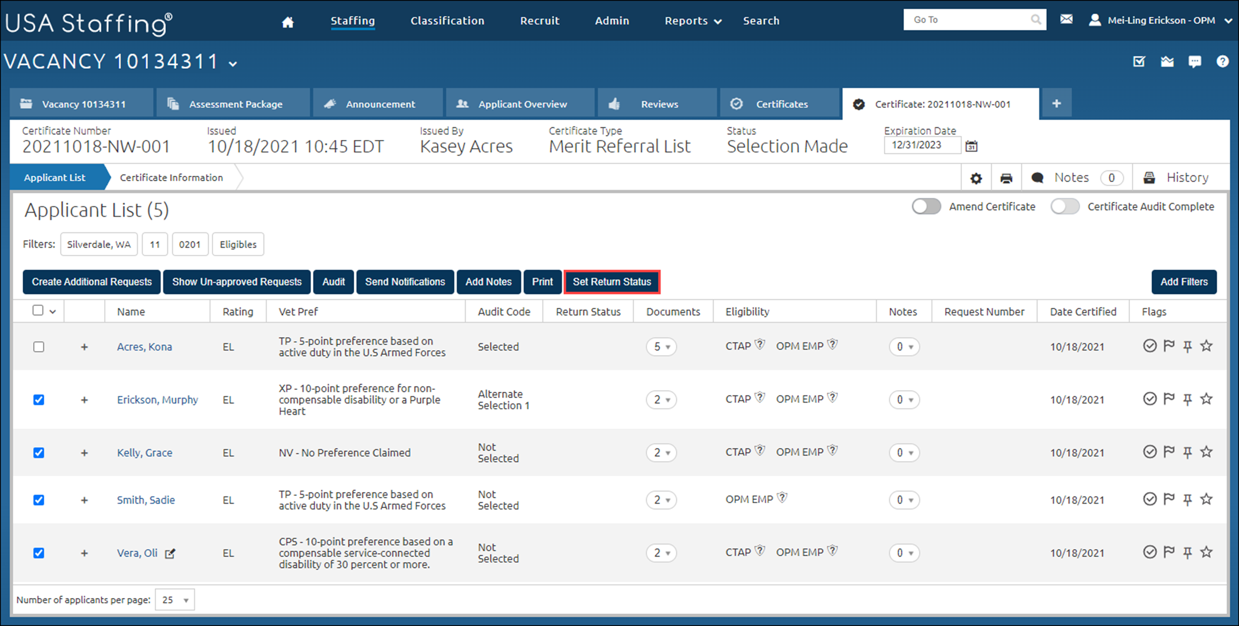Several applicants with the box next to their name checked and the Set Return Status highlighted.