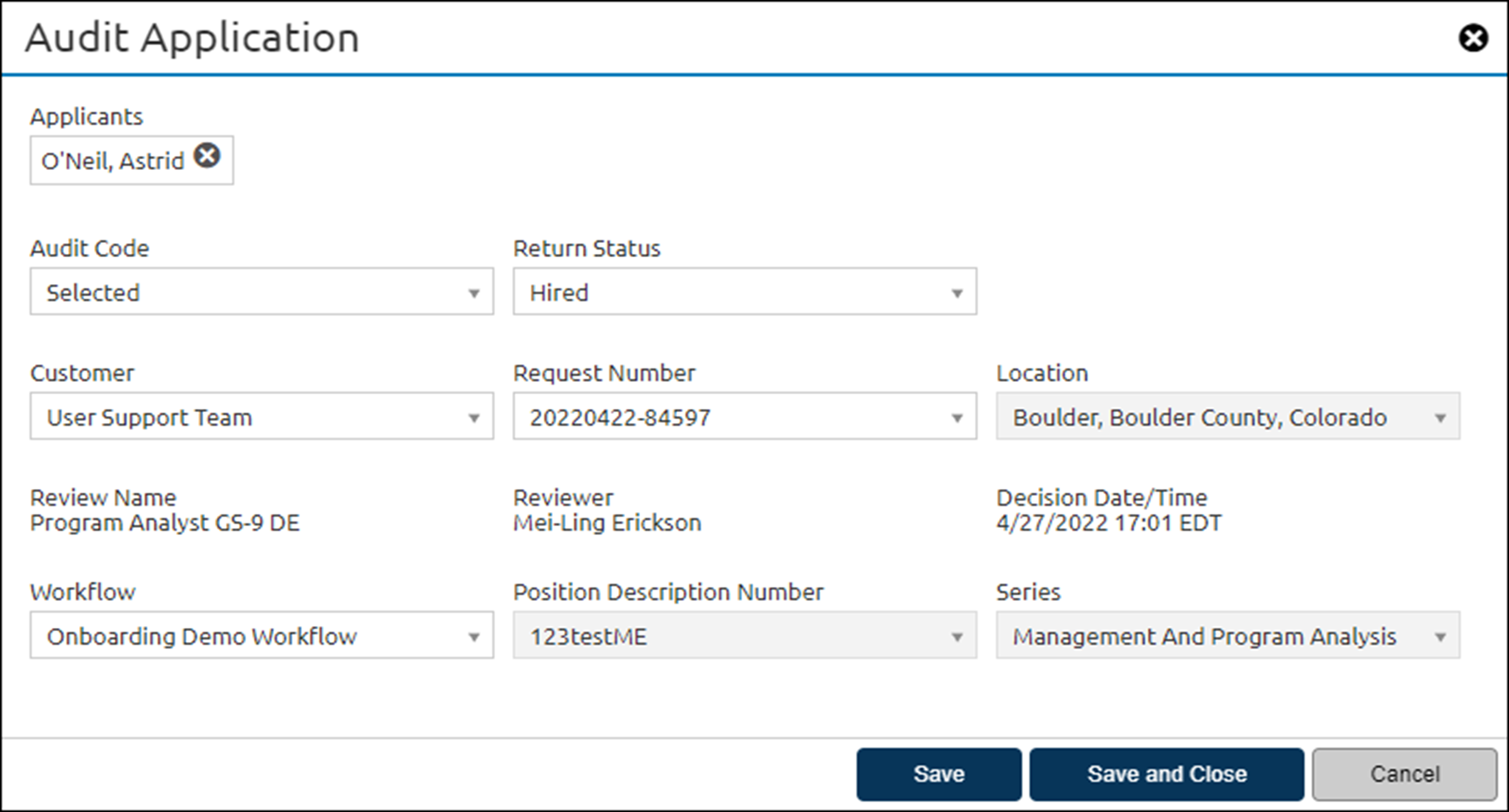 Audit Application pop up for a Selected, Hired applicant.
