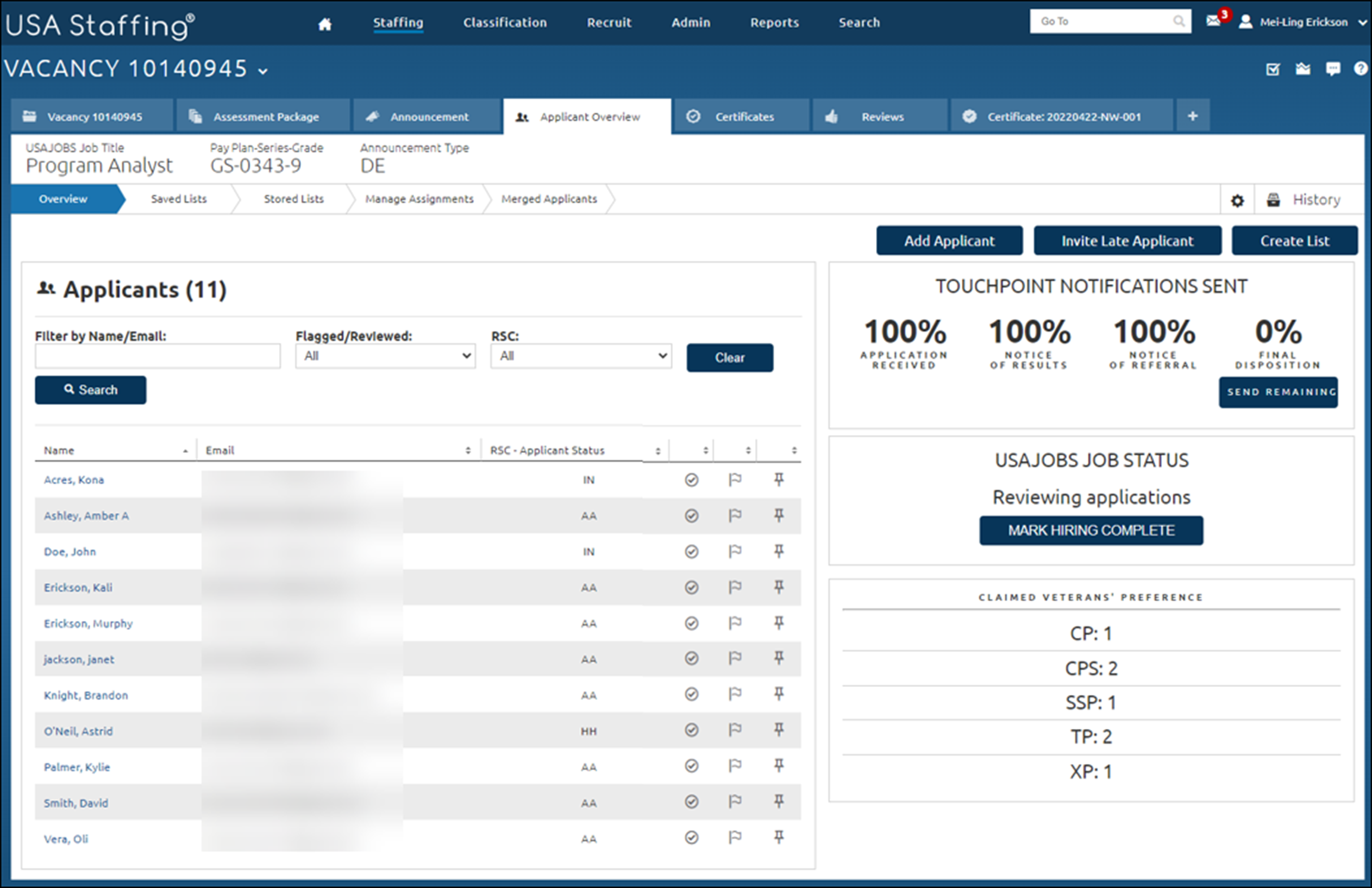 Applicant Overview page with the Send Remaining button highlighted for the Final Disposition notifications. The Touchpoint Notifications show 0% for Final Disposition. This button is located on the middle, right side of the page.