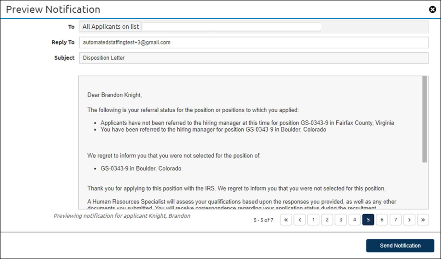 Sample Preview Notification page for Disposition Letters.