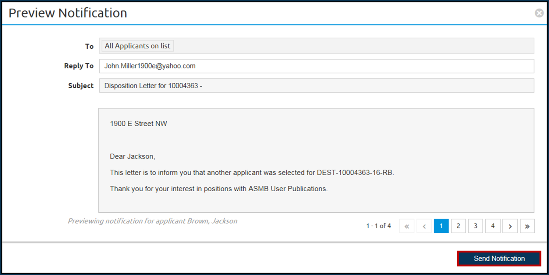 Preview Notification page with Send Notification button highlighted.