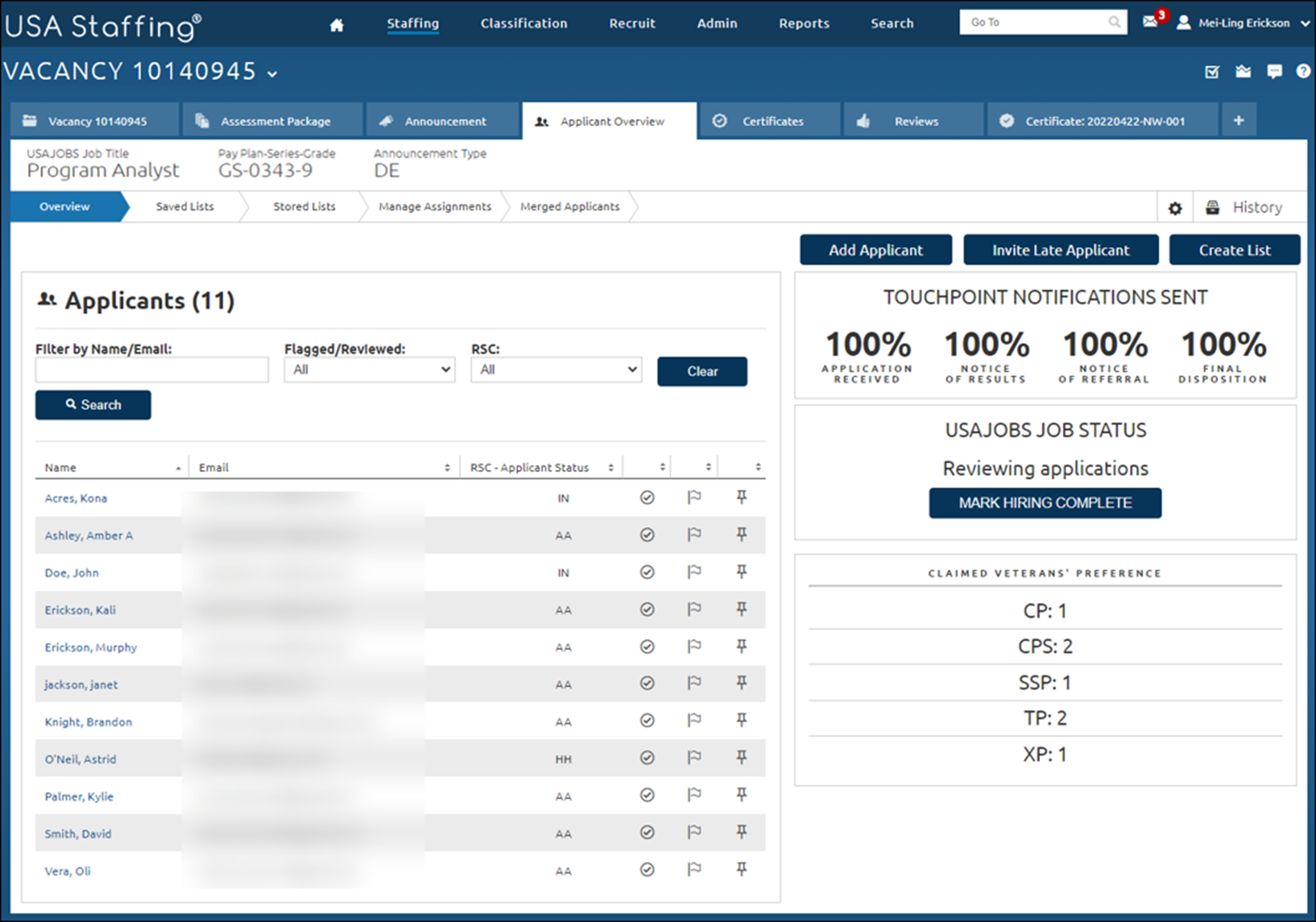 Applicant Overview page with 100% for the Final Disposition touchpoint notification.