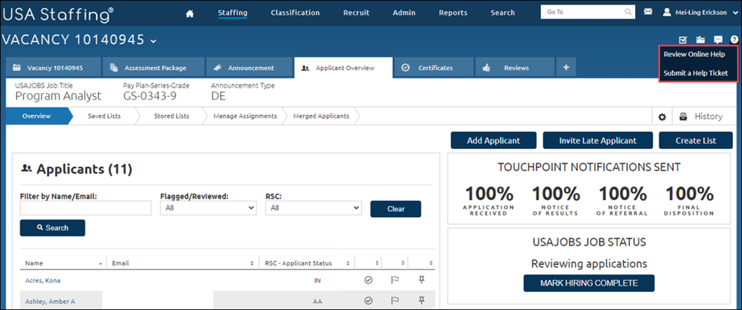 Applicant Overview page with the help icon expanded. The two options highlighted and listed are Review Online Help and Submit a Help Ticket. This is located in the upper-right quadrant of the page.