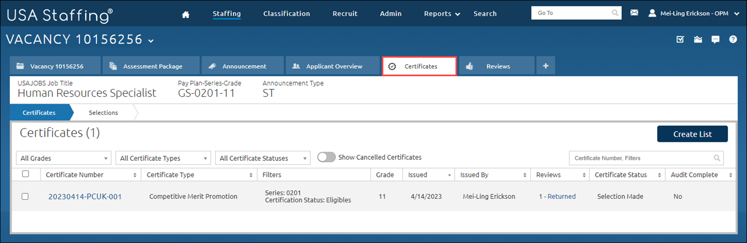 Vacancy page with the Certificates tab highlighted.