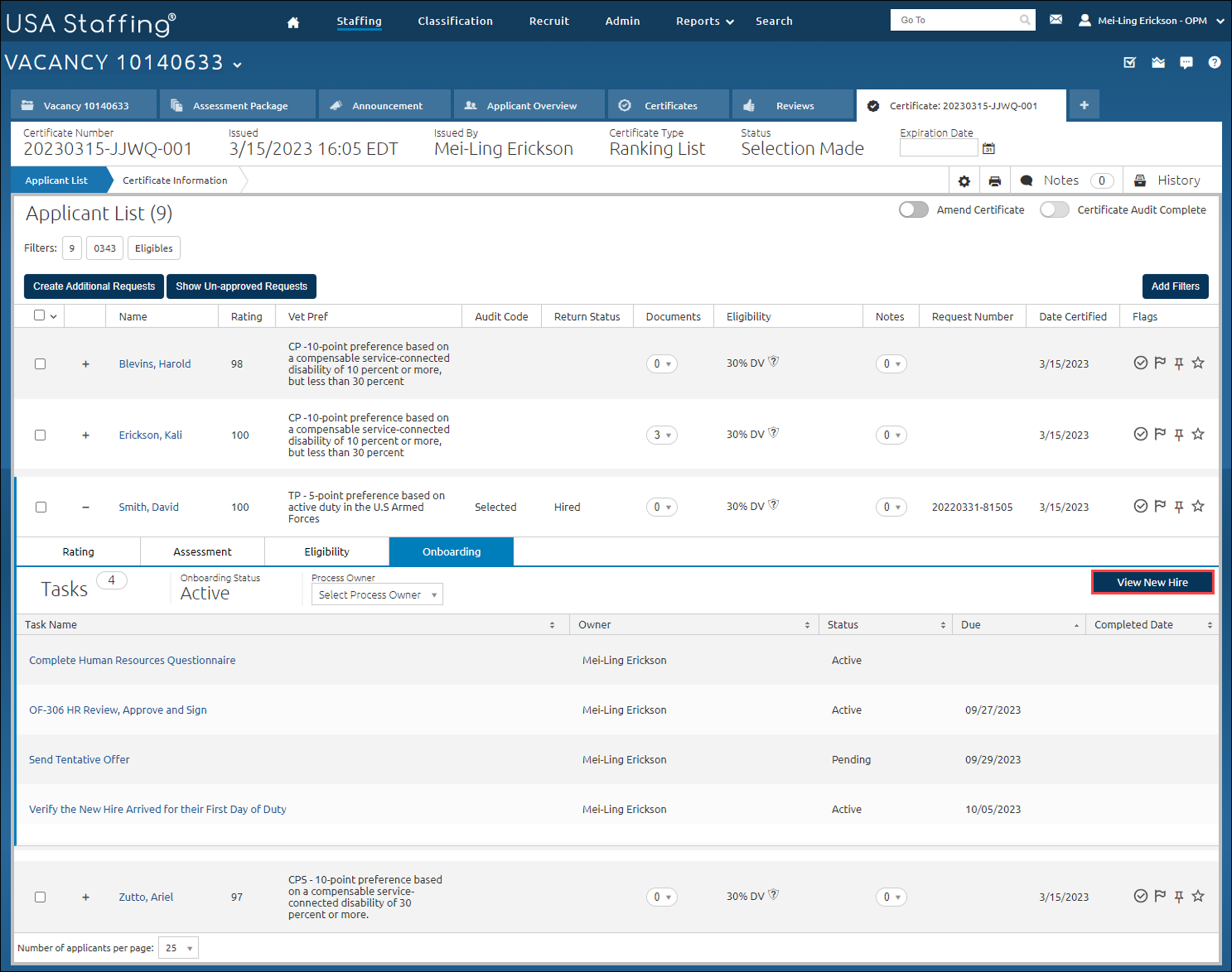 Certificate tab with the Applicant List page open with an expanded view of the selected applicant record and the View New Hire button highlighted.
