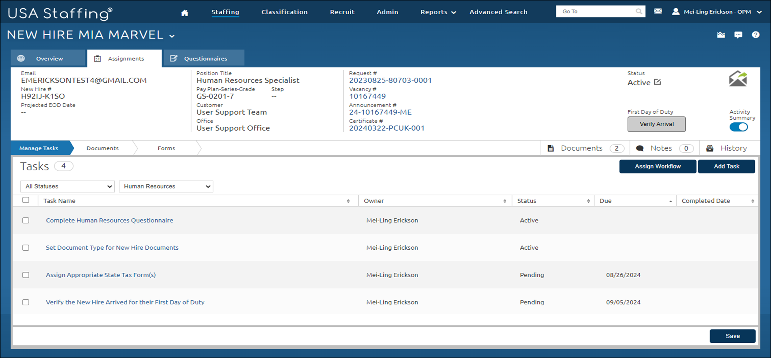 A new hire’s record is on the Assignments tab with the Manage Tasks page displaying.
