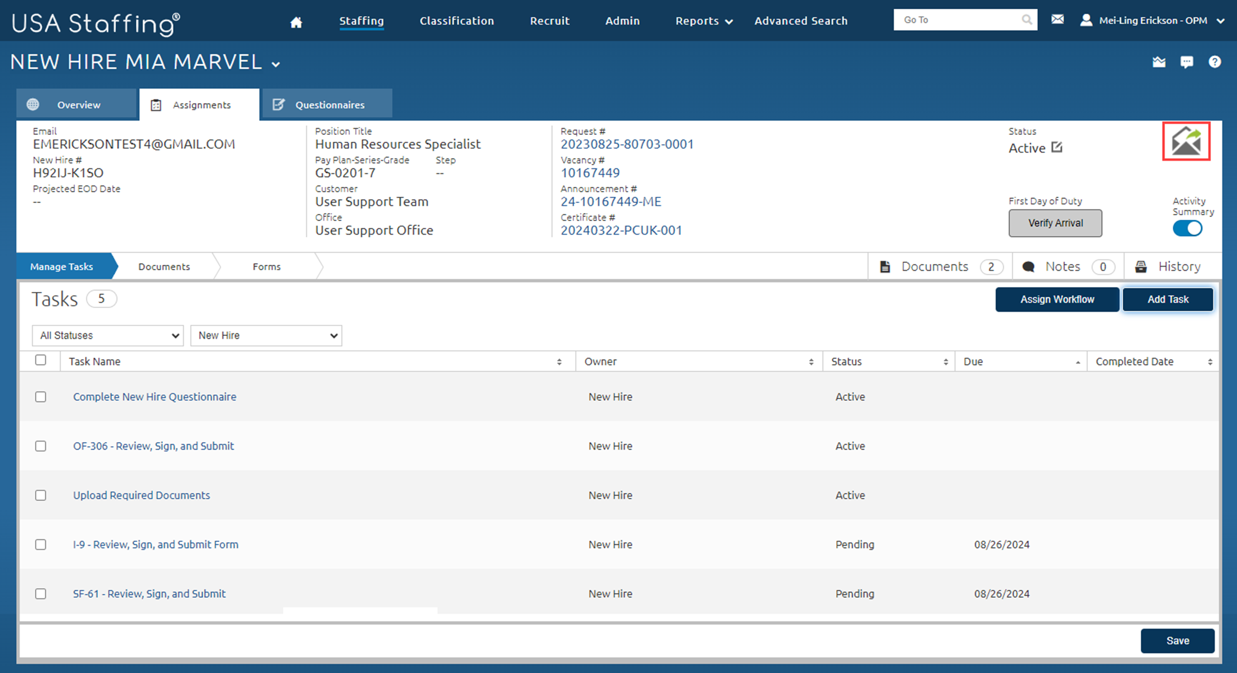 A new hire’s record is on the Manage Tasks page highlighting the Envelope icon.
