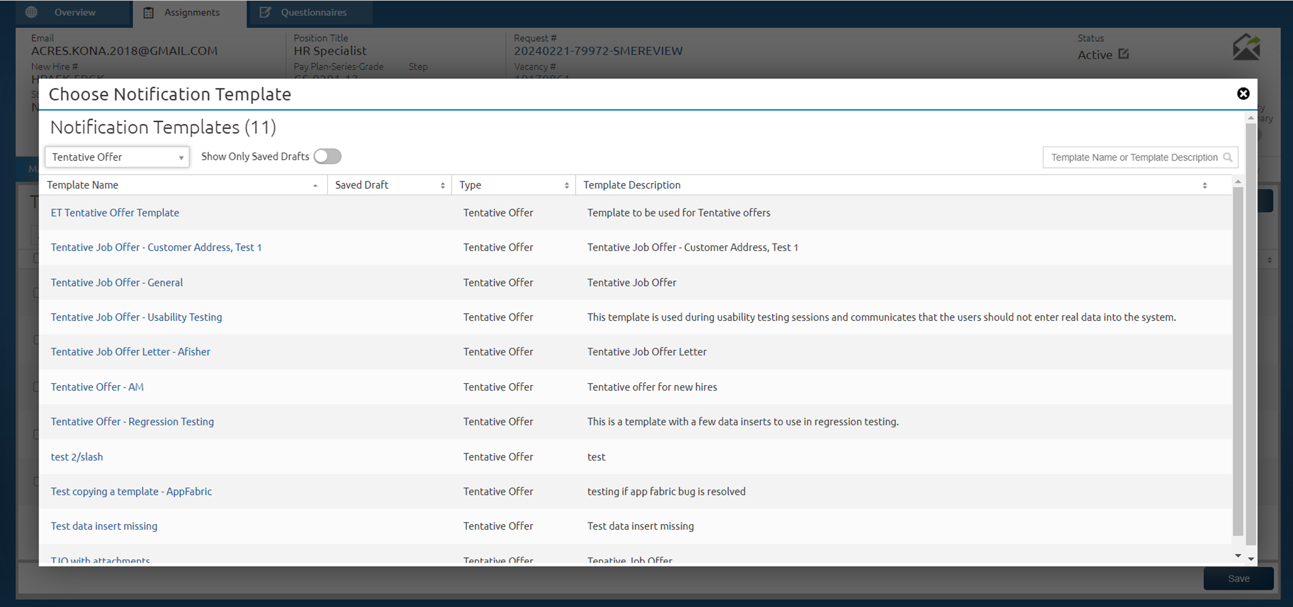 Choose Notification Template page.